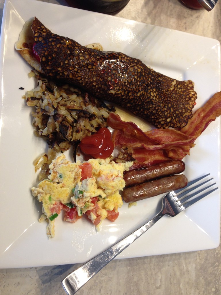Finnish Pancake, Hashbrown, Sausage, Bacon and Scrambled Eggs - Deluxe Breakfast