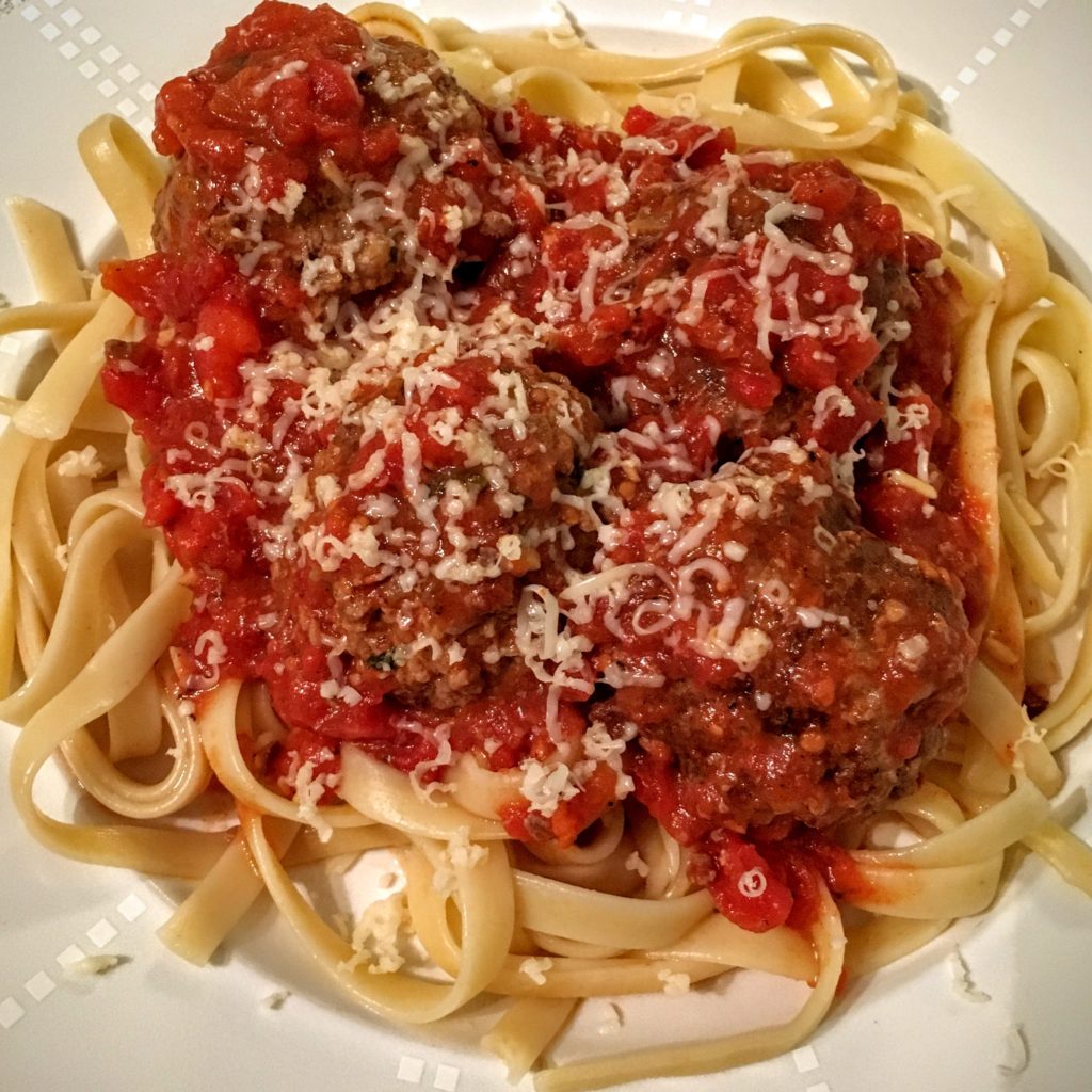 Linguine and Meatballs with Homemade Tomato Sauce and Parmesan Cheese