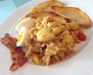 Ackee and Saltfish with Breadfruit, Bacon and Egg