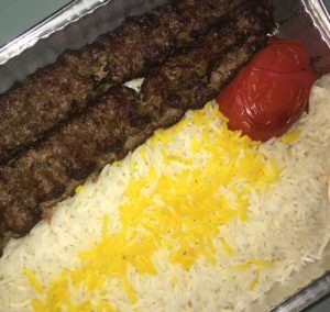 Koobideh Kebab - Two skewers of chef's lamb and beef special ground mix, basmati rice and grilled tomato (takeout)