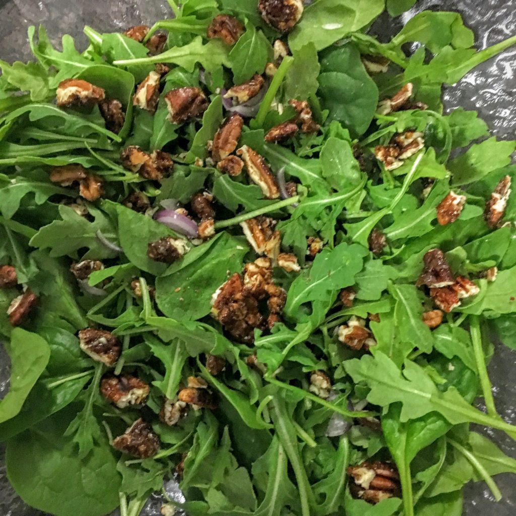 Spinach, Arugula, Candied Pecans and Mini Red Pearl Onions