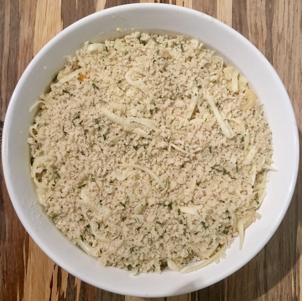 Macaroni and Cheese with Crab Meat in Casserole - Green Onion, Garlic, Basil, Yellow Sweet Pepper, Parmesan Cheese, White Cheddar, Laughing Cow Cheese, Havarti Cheese and Panko Bread Crumbs