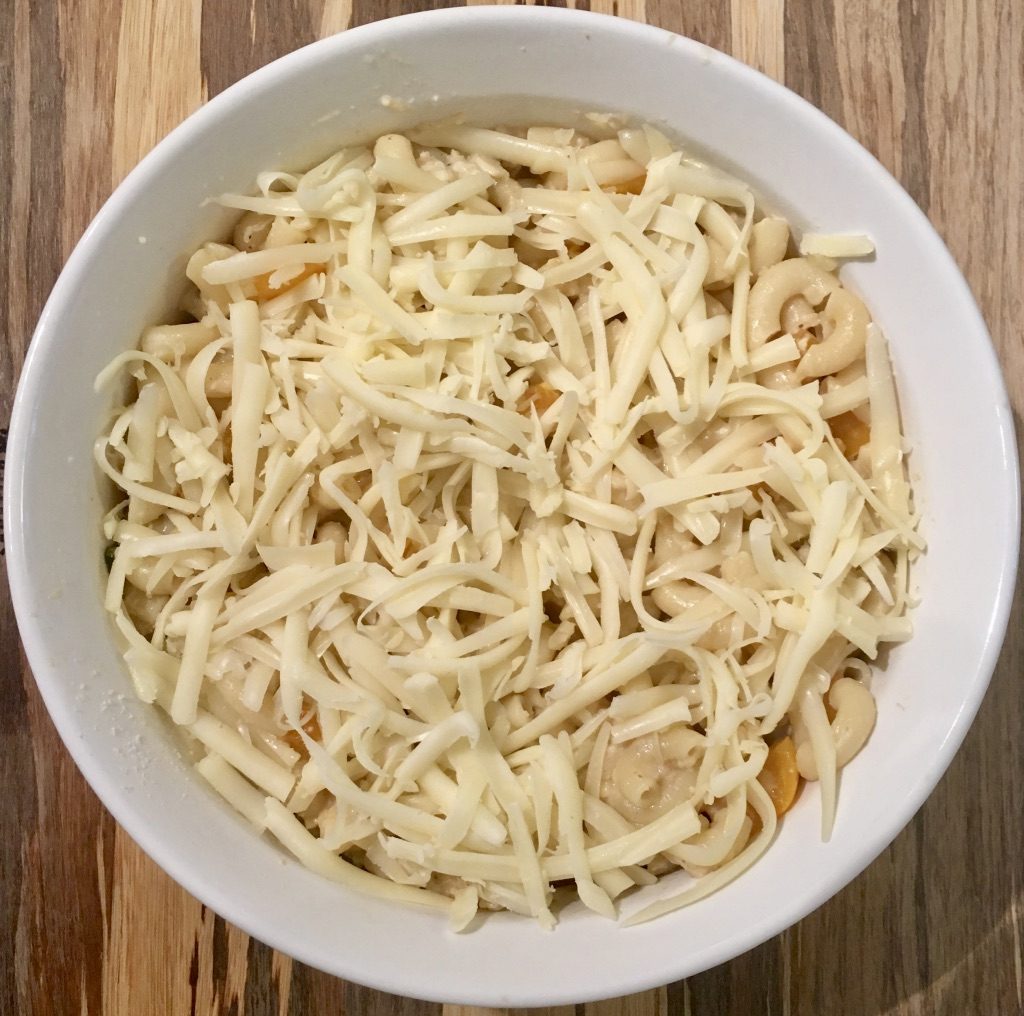 Macaroni and Cheese with Crab Meat in Casserole - Green Onion, Garlic, Basil, Yellow Sweet Pepper, Parmesan Cheese, White Cheddar, Laughing Cow Cheese and Havarti Cheese