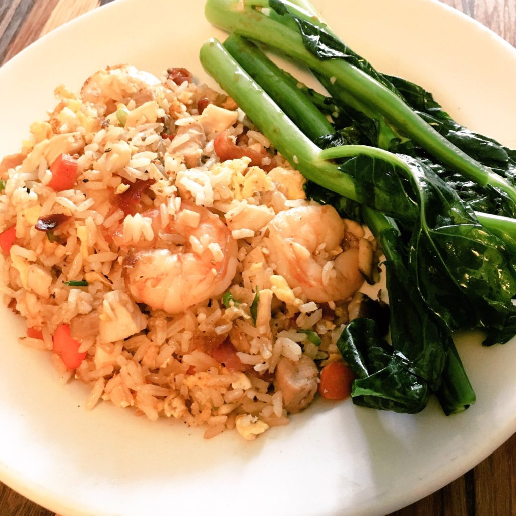 Shrimp, Chicken, Pork and Pancetta Fried Rice with Gai Lan