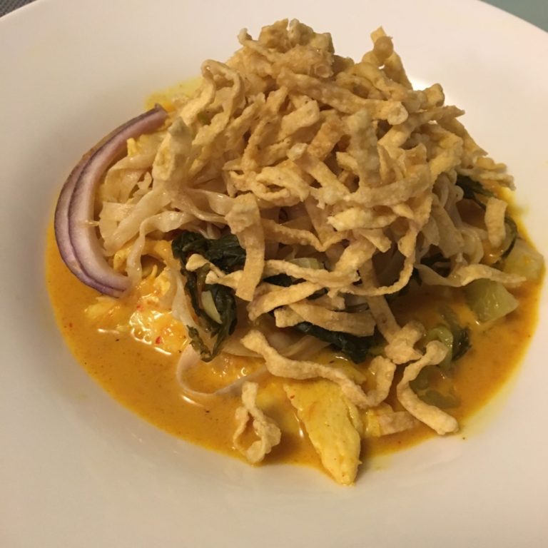 Khao Soi - Egg Noodle, Chicken, Pickled Cabbage, Crispy Noodles, Coconut Curry Soup